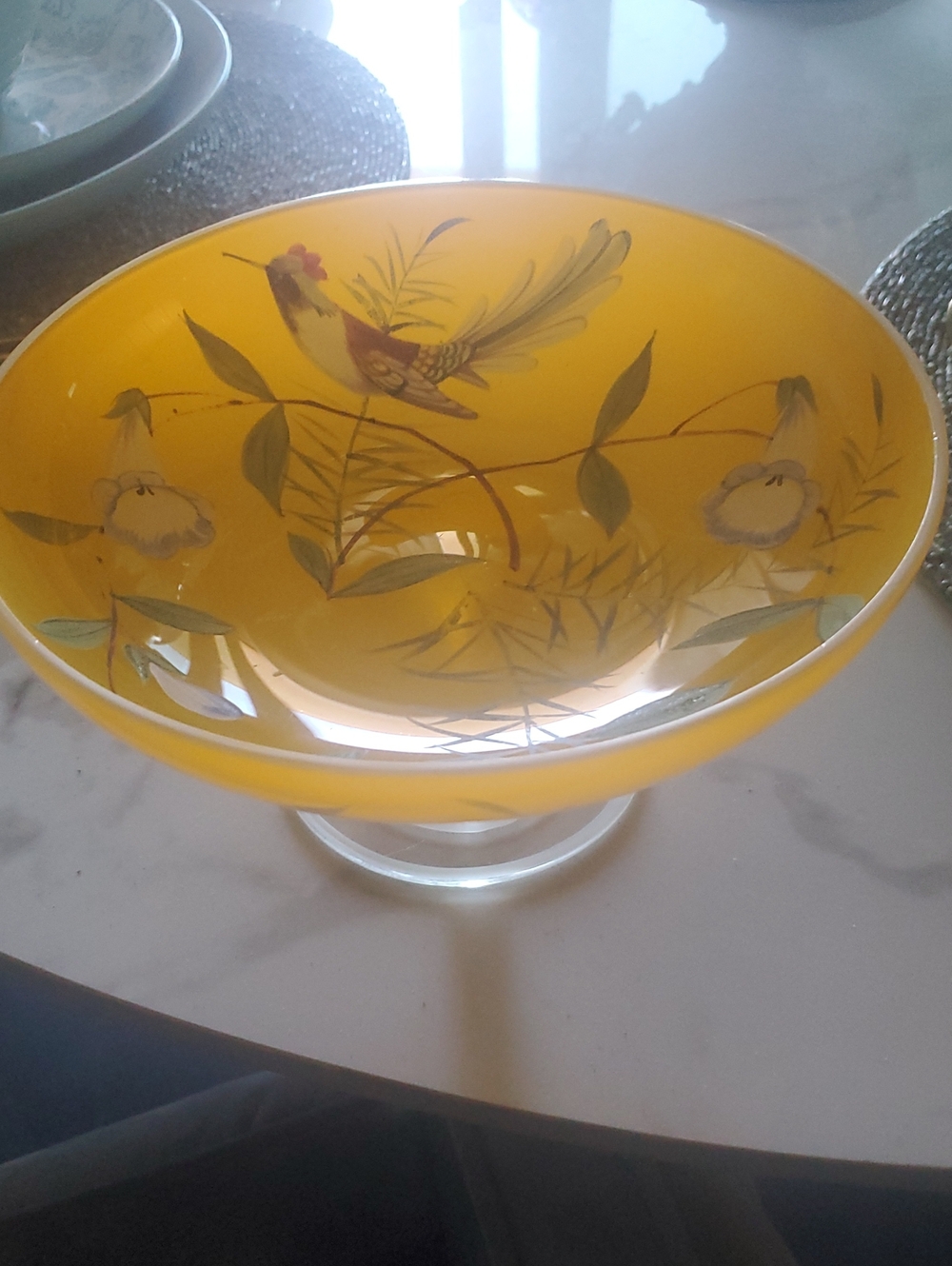 Yellow Decorative Glass Pedestal Bowl with Hand-Painted Bird Motif